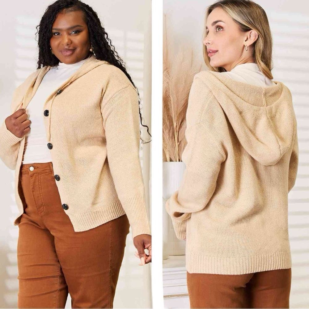 Tan Button-Down Long Sleeve Hooded Sweater NWT - Woven Right - Picture 3 of 12